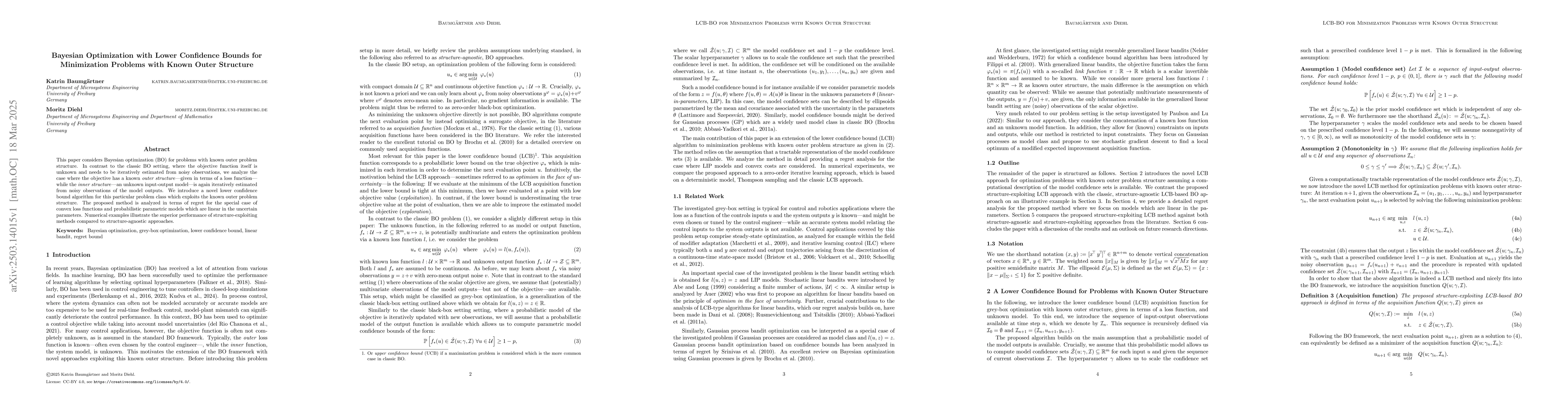 Thumbnail for Bayesian Optimization with Lower Confidence Bounds for Minimization
  Problems with Known Outer Structure