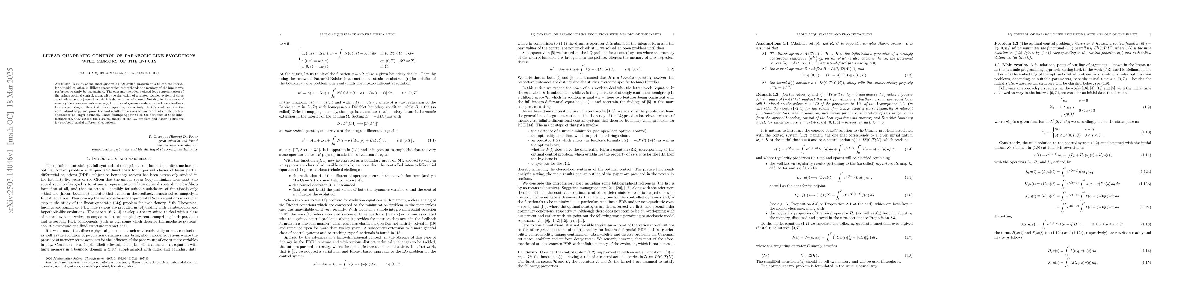Thumbnail for Linear quadratic control of parabolic-like evolutions with memory of the
  inputs