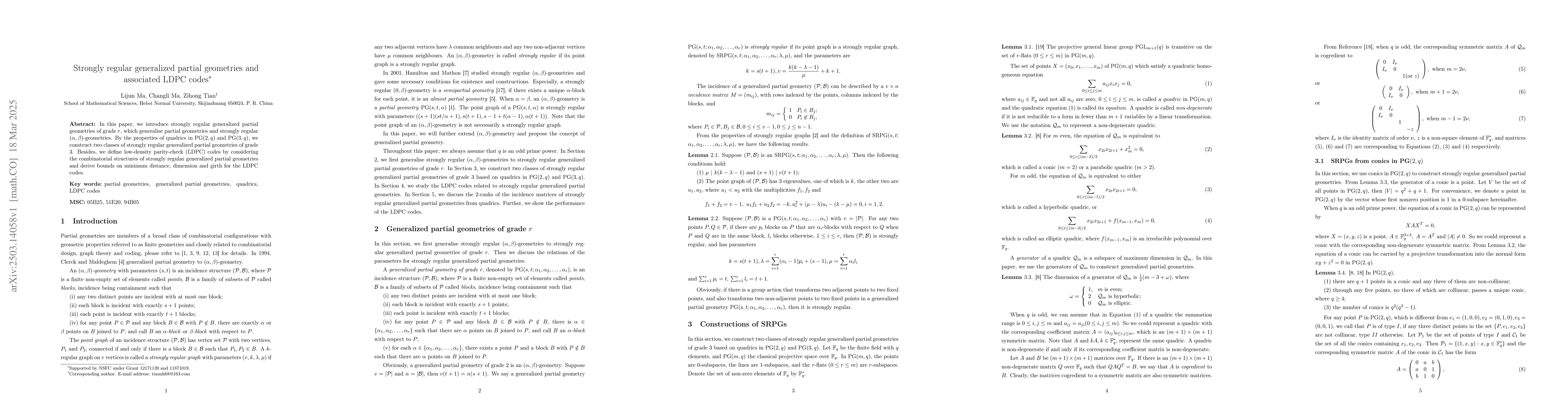 Thumbnail for Strongly regular generalized partial geometries and associated LDPC
  codes