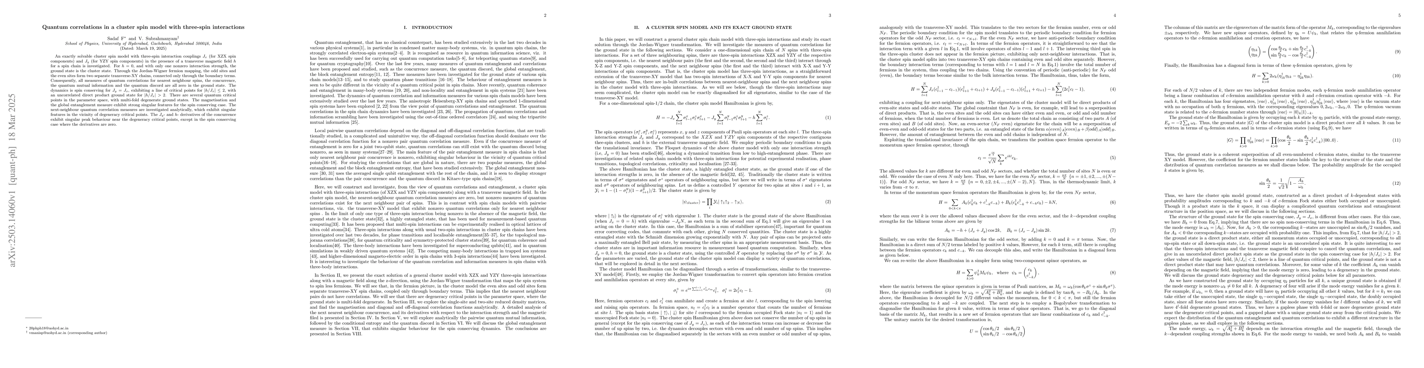 Thumbnail for Quantum correlations in a cluster spin model with three-spin
  interactions