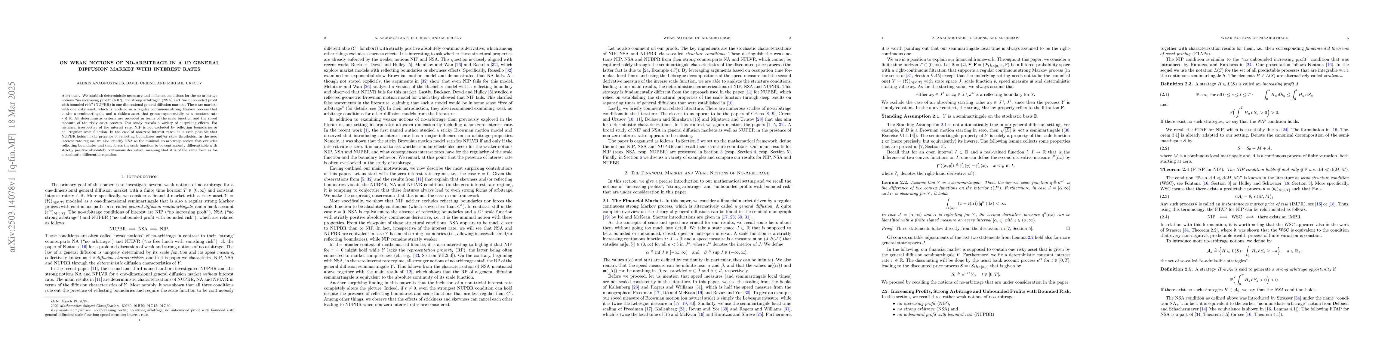 Thumbnail for On weak notions of no-arbitrage in a 1D general diffusion market with
  interest rates