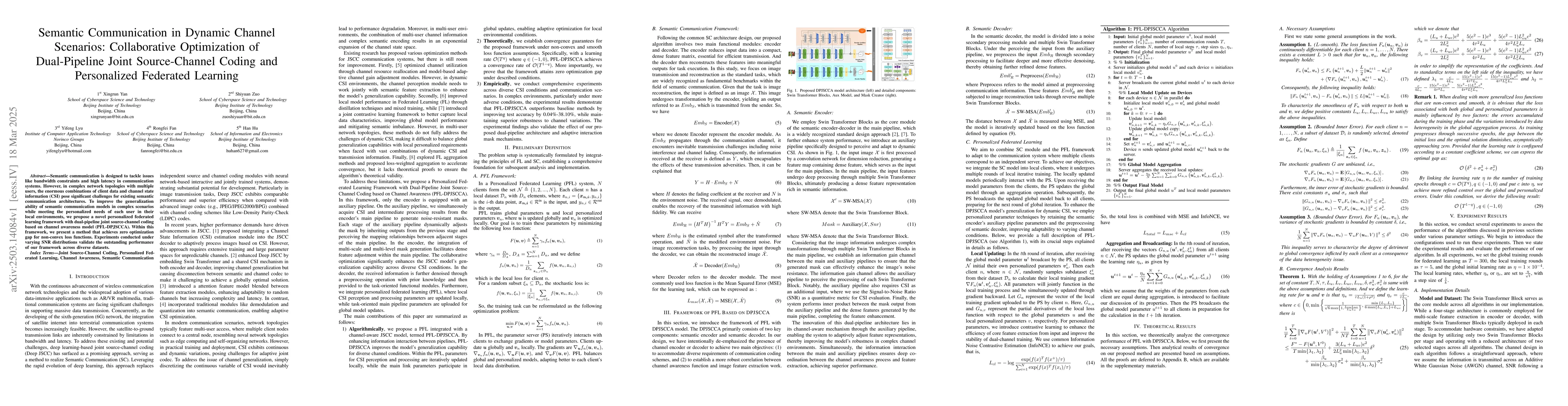 Thumbnail for Semantic Communication in Dynamic Channel Scenarios: Collaborative
  Optimization of Dual-Pipeline Joint Source-Channel Coding and Personalized
  Federated Learning