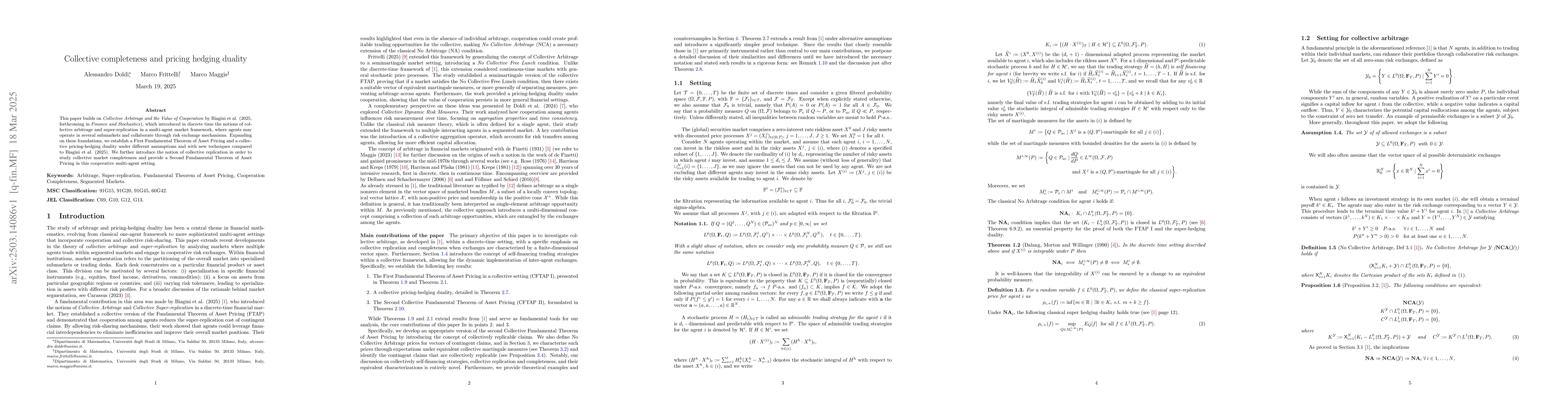 Thumbnail for Collective completeness and pricing hedging duality