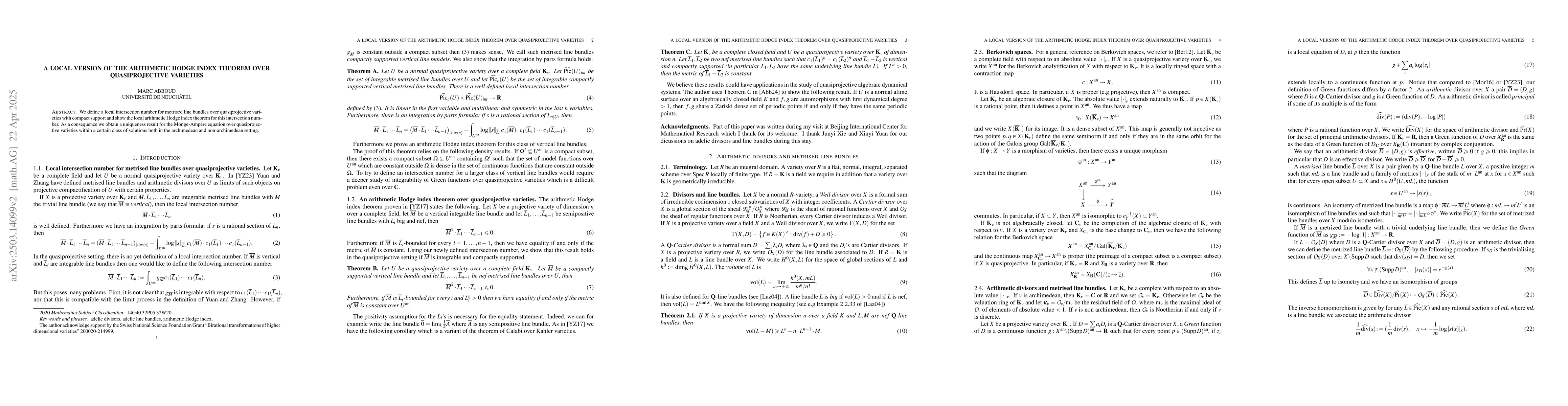 Thumbnail for A local version of the arithmetic Hodge index theorem over
  quasiprojective varieties