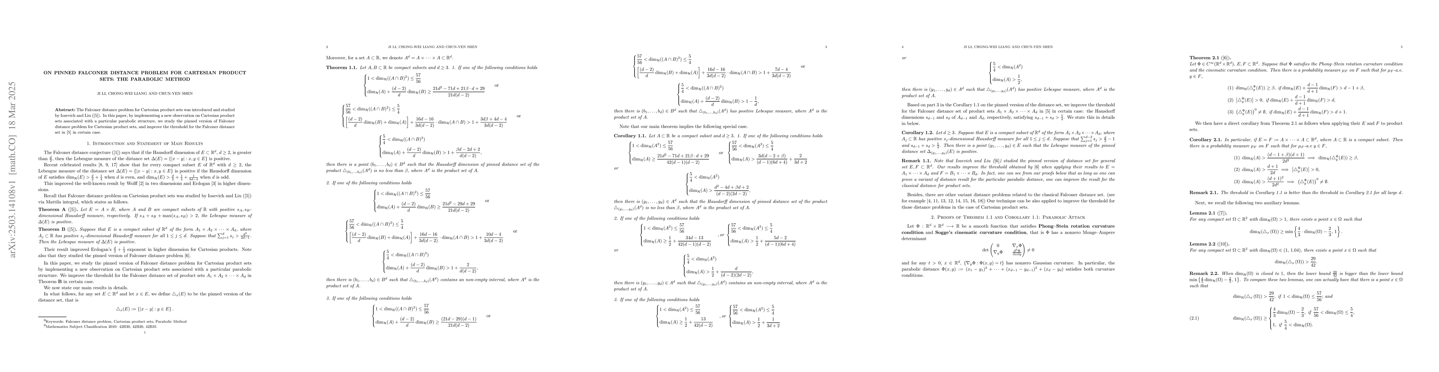 Thumbnail for On Pinned Falconer Distance Problem for Cartesian Product Sets: the
  Parabolic Method