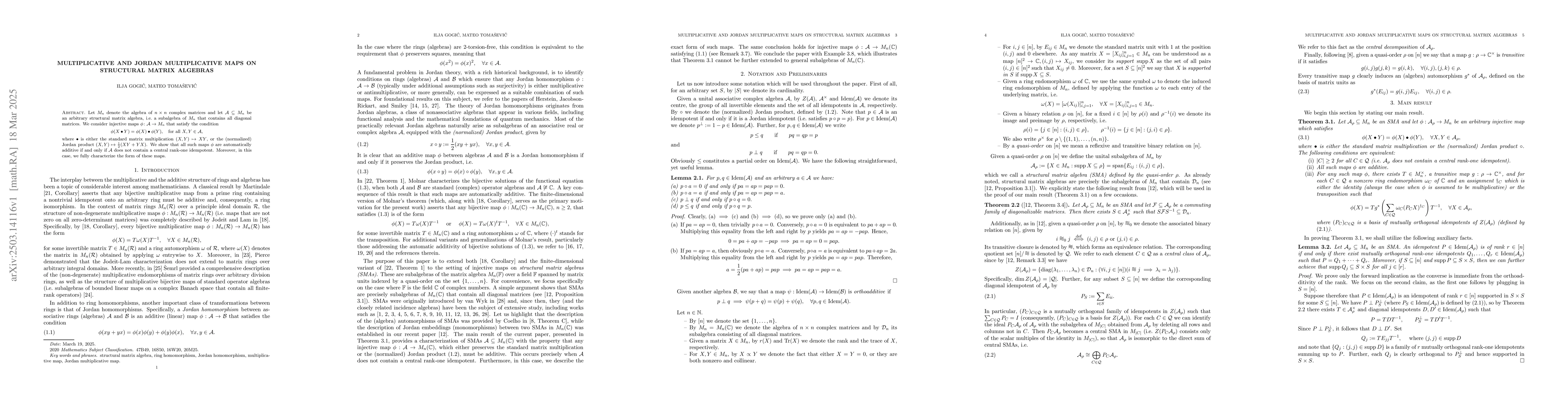 Thumbnail for Multiplicative and Jordan multiplicative maps on structural matrix
  algebras