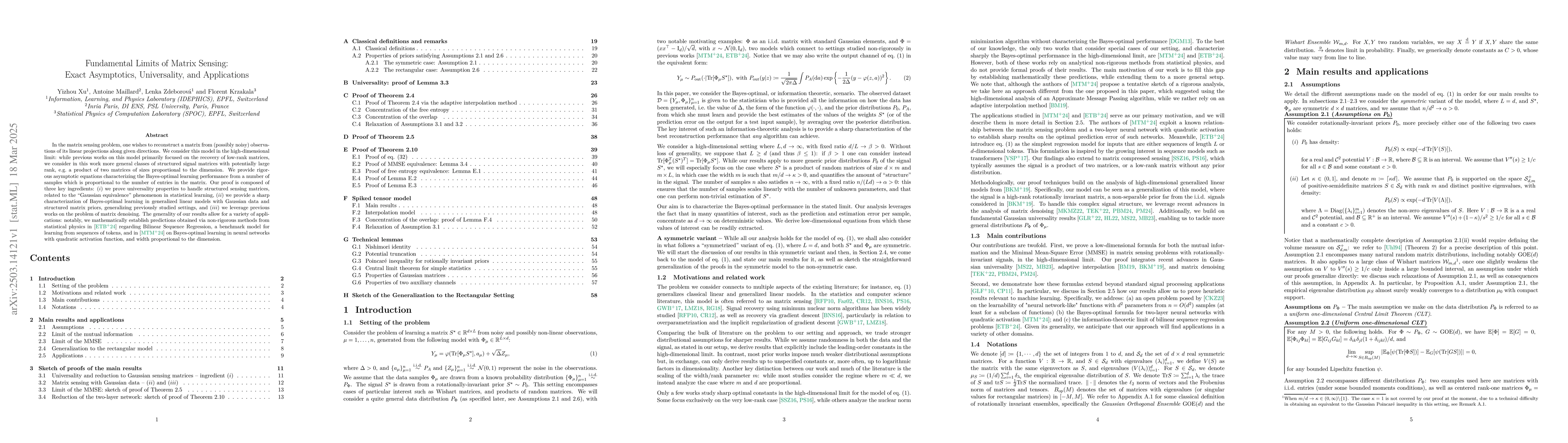 Thumbnail for Fundamental Limits of Matrix Sensing: Exact Asymptotics, Universality,
  and Applications