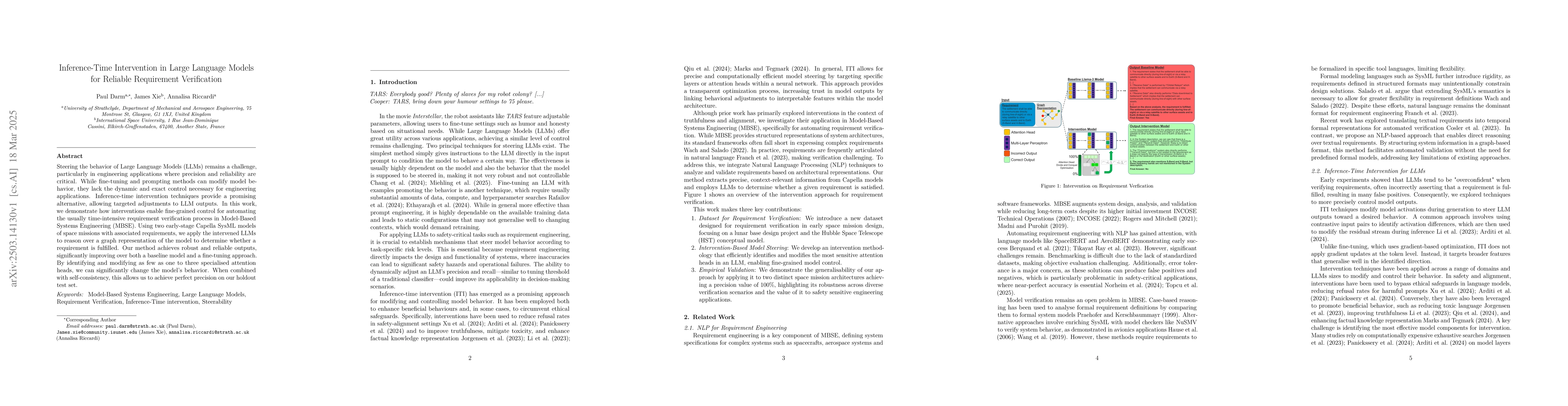 Thumbnail for Inference-Time Intervention in Large Language Models for Reliable
  Requirement Verification