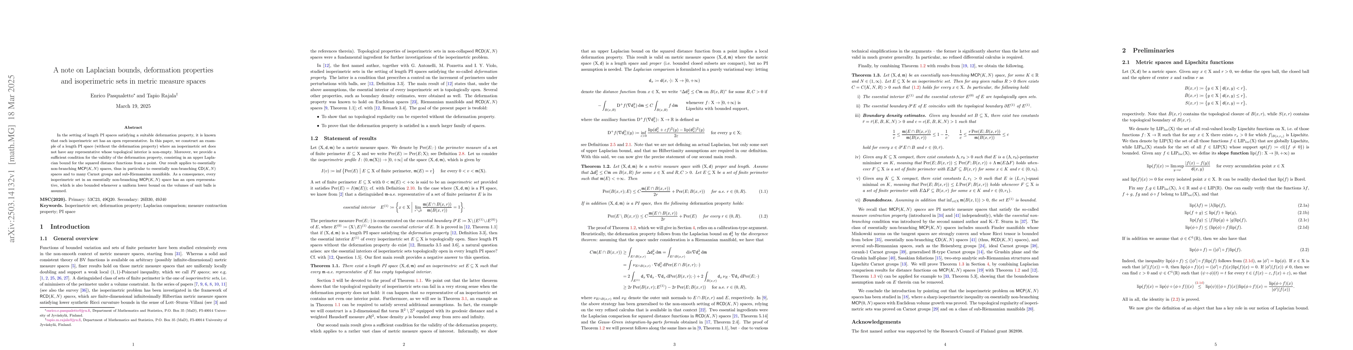Thumbnail for A note on Laplacian bounds, deformation properties and isoperimetric
  sets in metric measure spaces