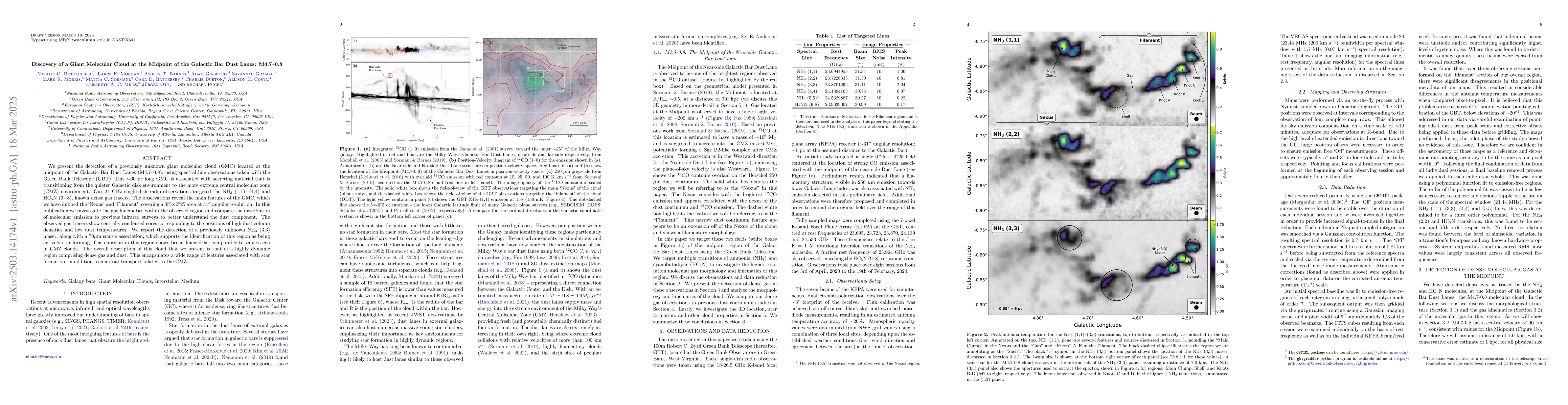 Thumbnail for Discovery of a Giant Molecular Cloud at the Midpoint of the Galactic Bar
  Dust Lanes: M4.7-0.8