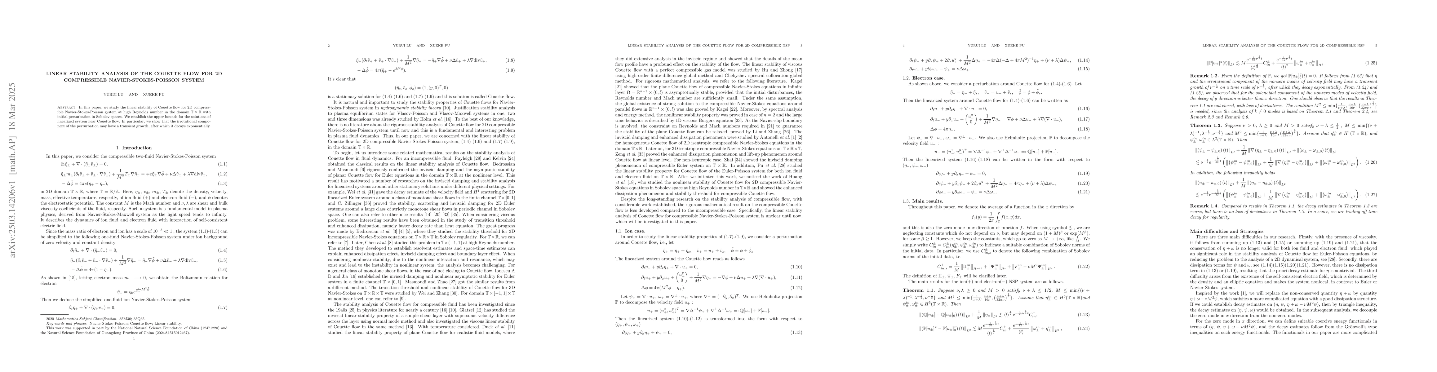 Thumbnail for Linear stability analysis of the Couette flow for 2D compressible
  Navier-Stokes-Poisson system