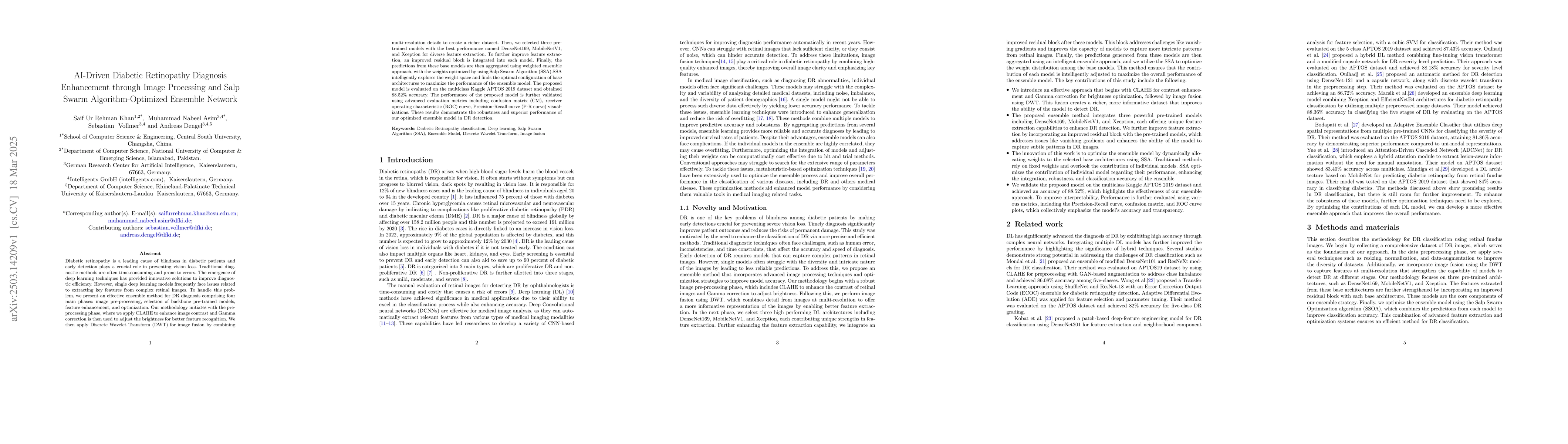 Thumbnail for AI-Driven Diabetic Retinopathy Diagnosis Enhancement through Image
  Processing and Salp Swarm Algorithm-Optimized Ensemble Network