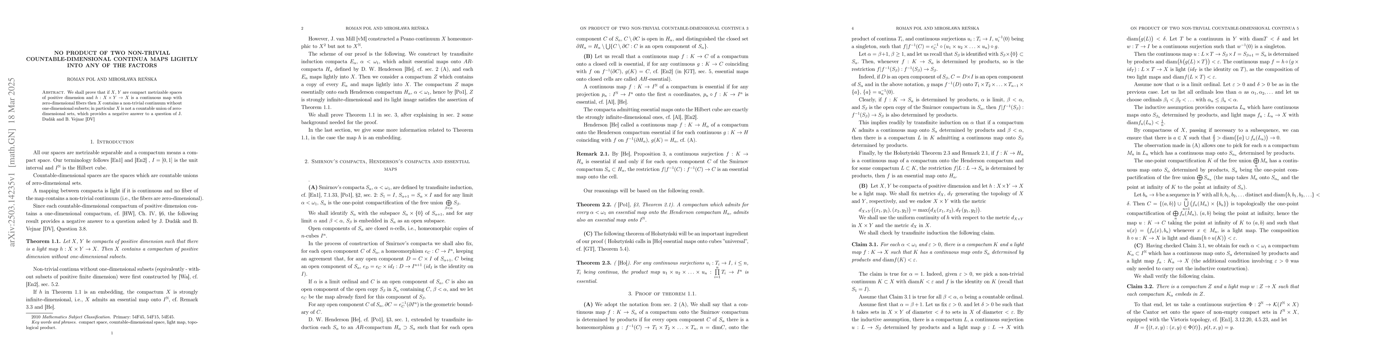 Thumbnail for No product of two non-trivial countable-dimensional continua maps
  lightly into any of the factors
