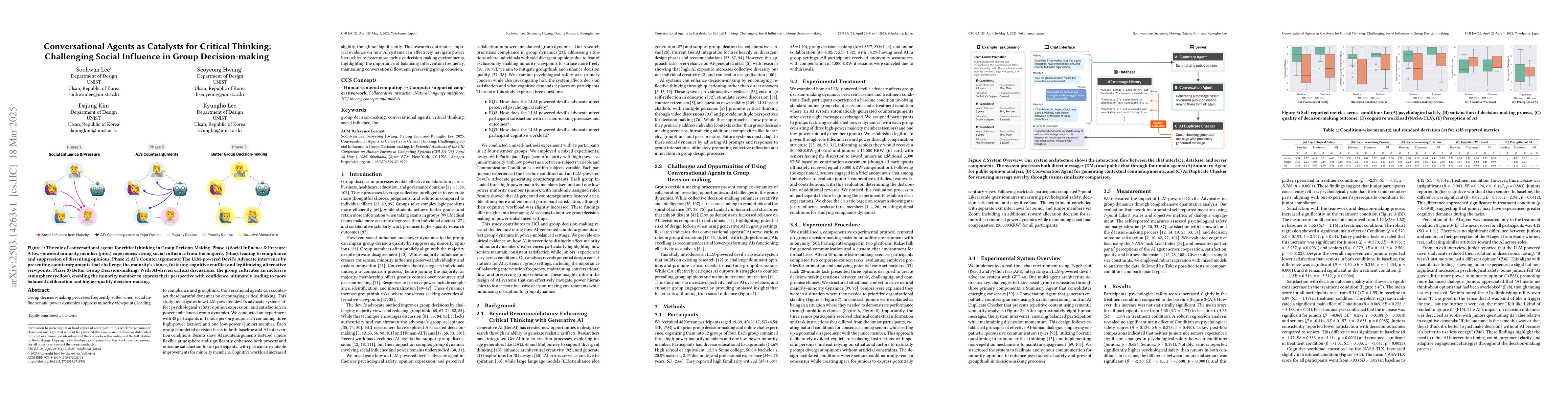 Thumbnail for Conversational Agents as Catalysts for Critical Thinking: Challenging
  Social Influence in Group Decision-making