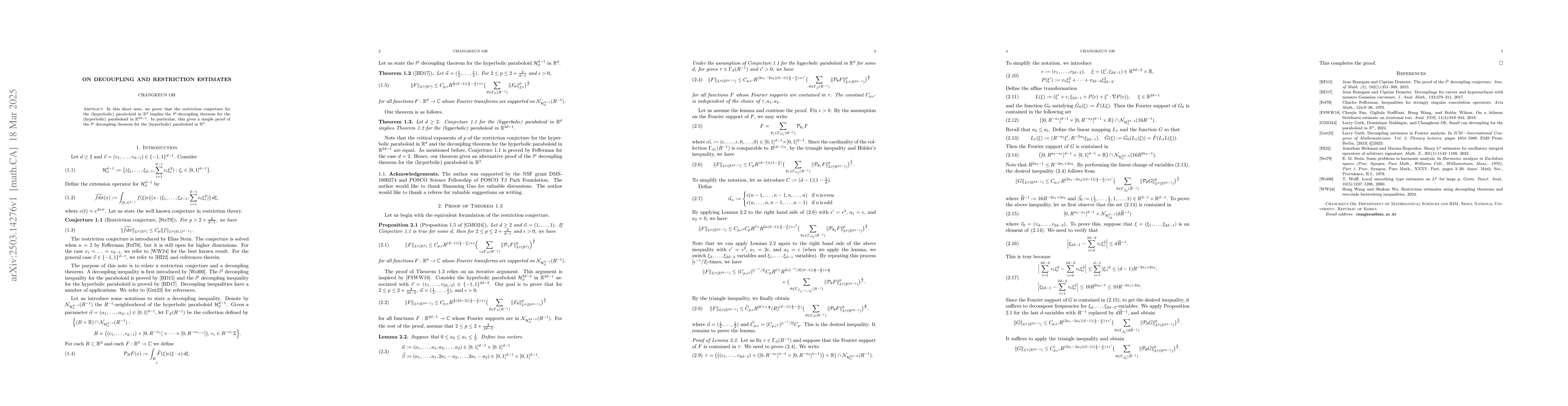 Thumbnail for On decoupling and restriction estimates