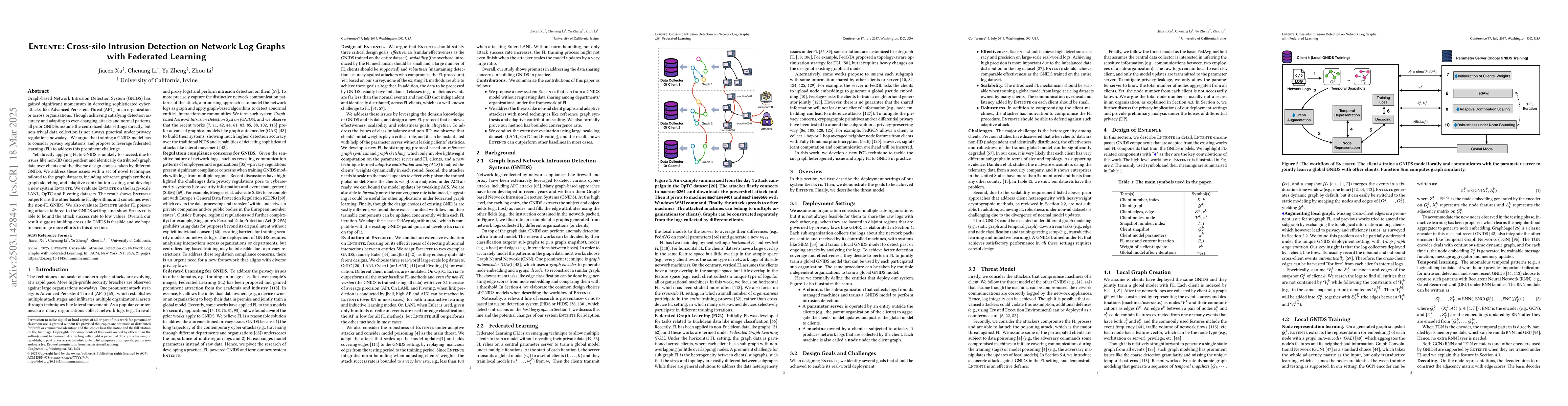 Thumbnail for Entente: Cross-silo Intrusion Detection on Network Log Graphs with
  Federated Learning