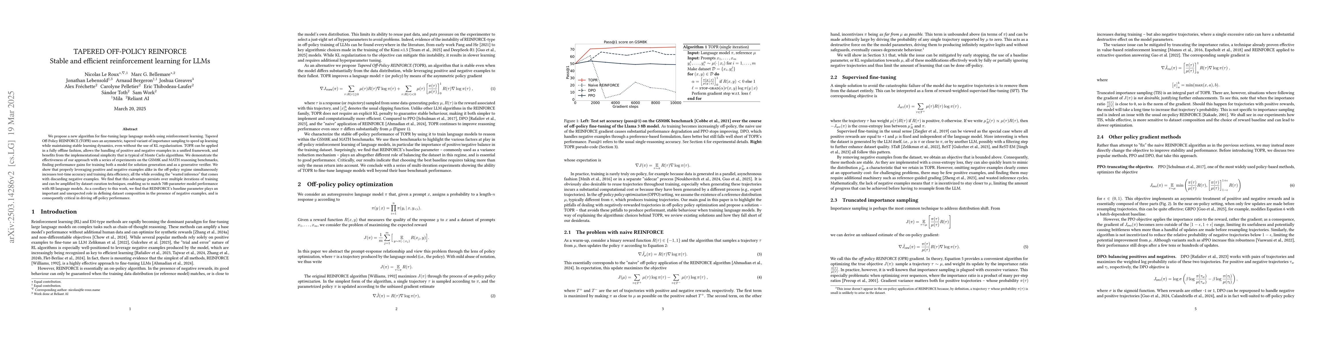 Thumbnail for Tapered Off-Policy REINFORCE: Stable and efficient reinforcement
  learning for LLMs