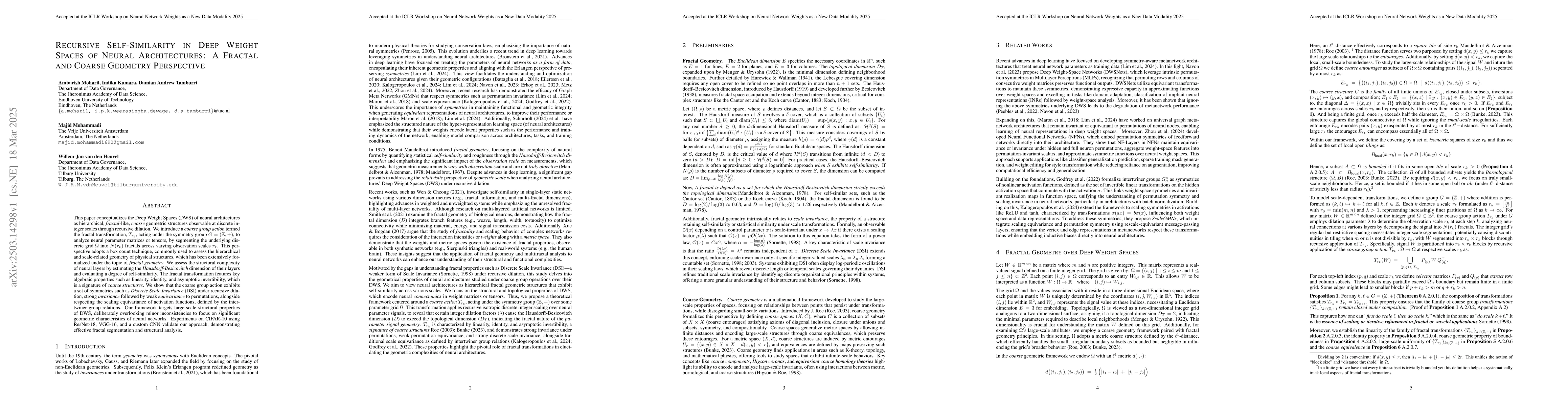 Thumbnail for Recursive Self-Similarity in Deep Weight Spaces of Neural Architectures:
  A Fractal and Coarse Geometry Perspective