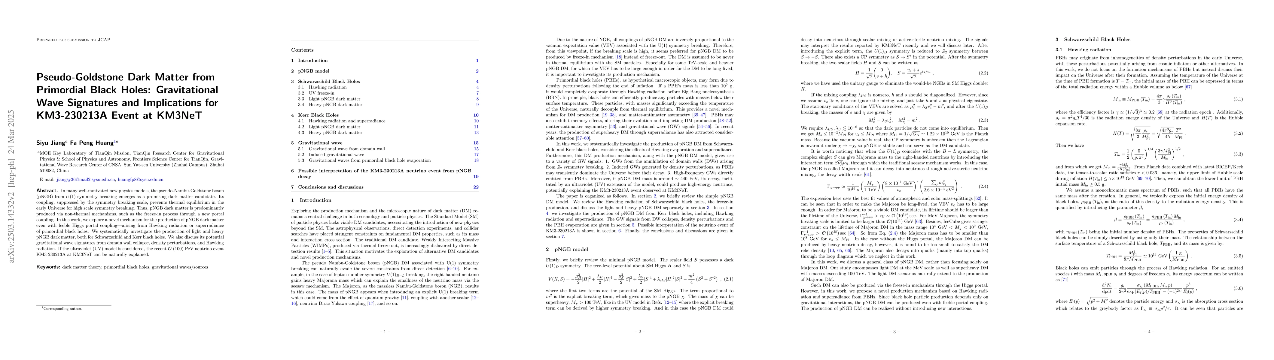 Thumbnail for Pseudo-Goldstone Dark Matter from Primordial Black Holes: Gravitational
  Wave Signatures and Implications for KM3-230213A Event at KM3NeT