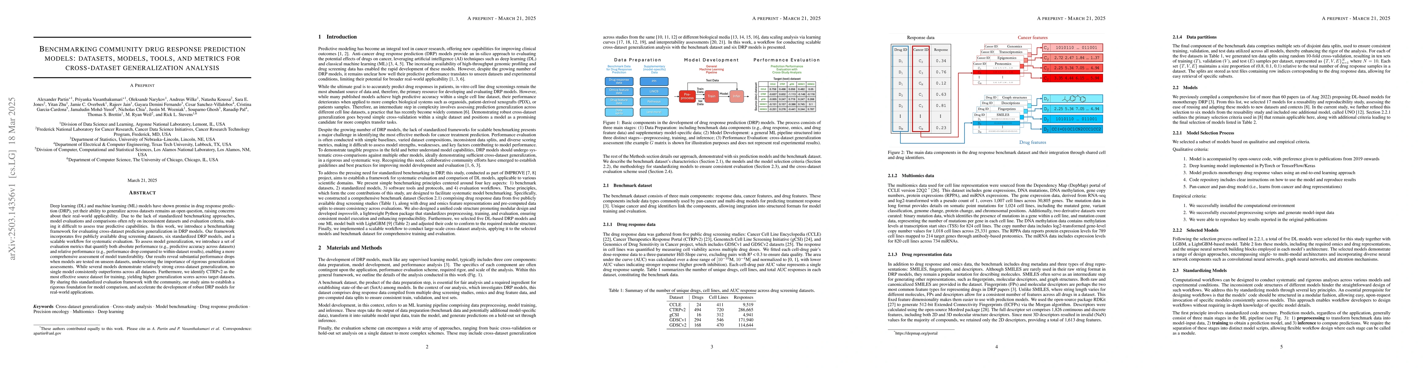 Thumbnail for Benchmarking community drug response prediction models: datasets,
  models, tools, and metrics for cross-dataset generalization analysis