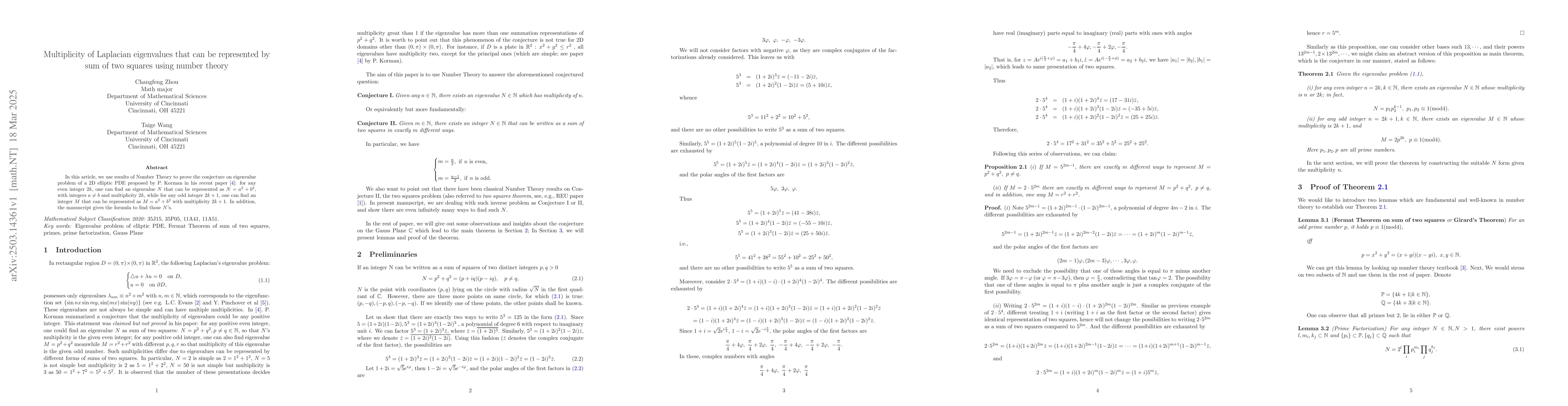 Thumbnail for Multiplicity of Laplacian eigenvalues that can be represented by sum of
  two squares using number theory