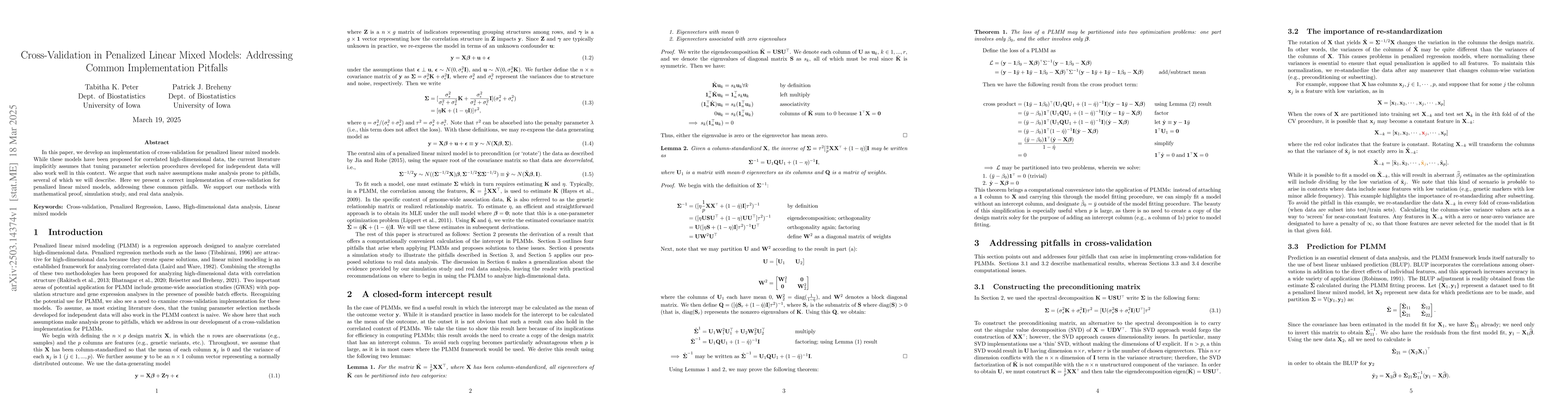 Thumbnail for Cross-Validation in Penalized Linear Mixed Models: Addressing Common
  Implementation Pitfalls