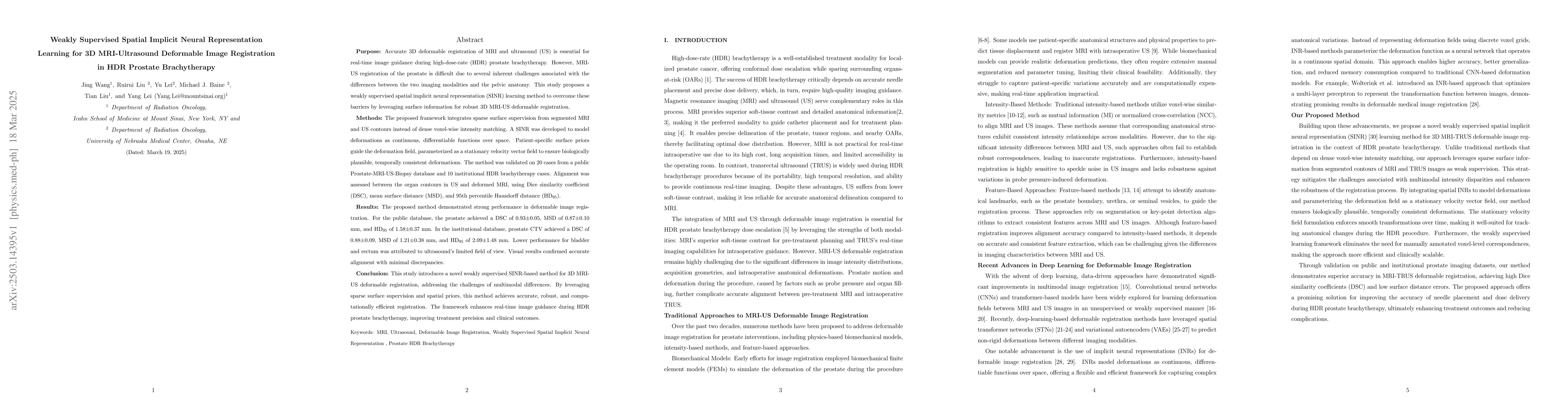 Thumbnail for Weakly Supervised Spatial Implicit Neural Representation Learning for 3D
  MRI-Ultrasound Deformable Image Registration in HDR Prostate Brachytherapy