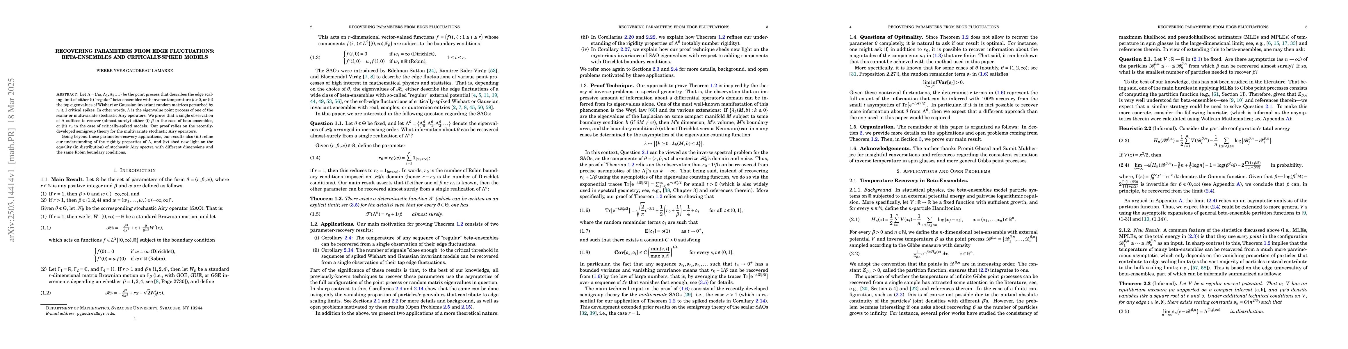 Thumbnail for Recovering Parameters from Edge Fluctuations: Beta-Ensembles and
  Critically-Spiked Models
