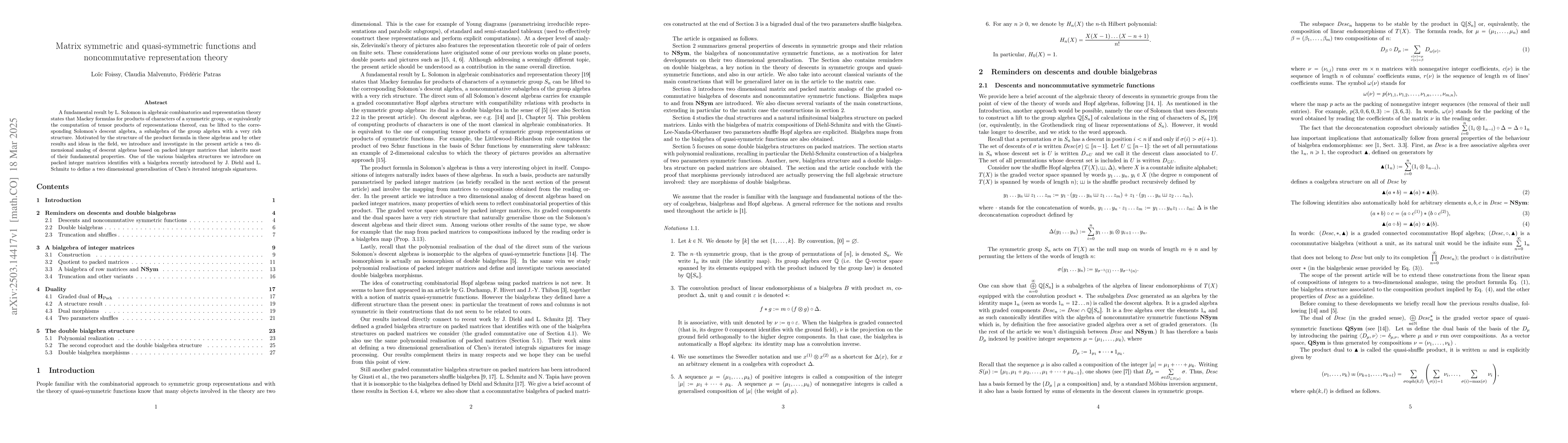 Thumbnail for Matrix symmetric and quasi-symmetric functions and noncommutative
  representation theory