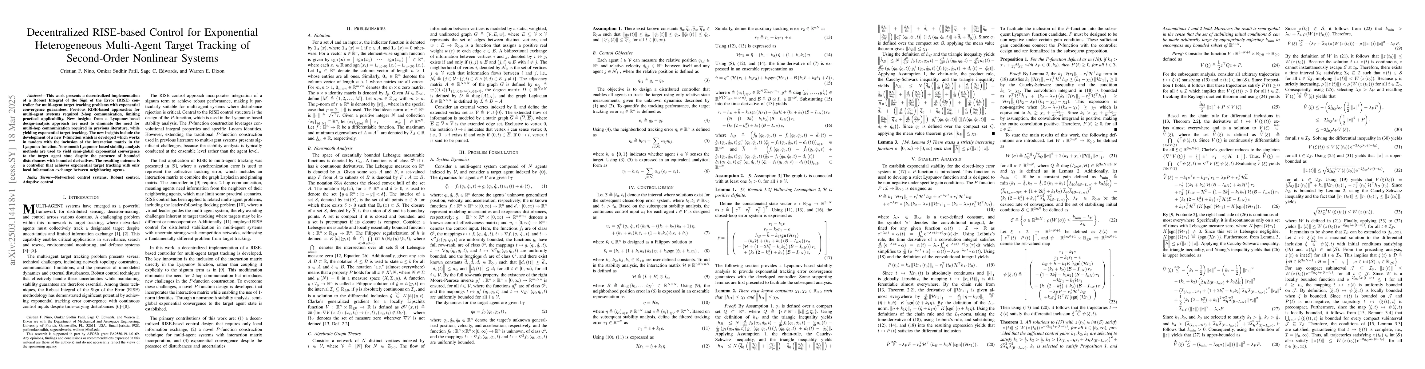 Thumbnail for Decentralized RISE-based Control for Exponential Heterogeneous
  Multi-Agent Target Tracking of Second-Order Nonlinear Systems