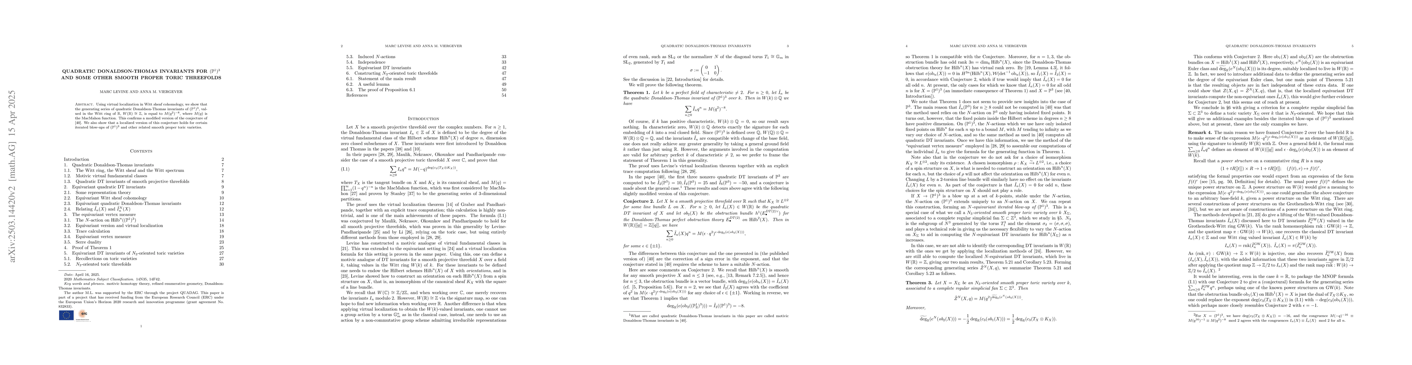 Thumbnail for Quadratic Donaldson-Thomas invariants for $(\mathbb{P}^1)^3$ and some
  other smooth proper toric threefolds