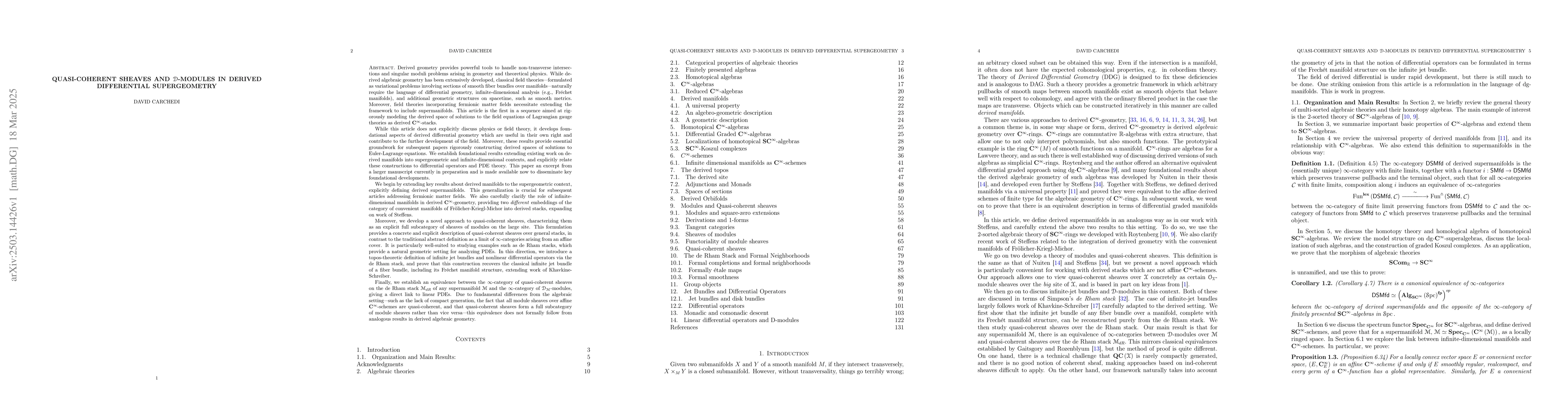 Thumbnail for Quasi-coherent sheaves and D-modules in Derived Differential
  Supergeometry