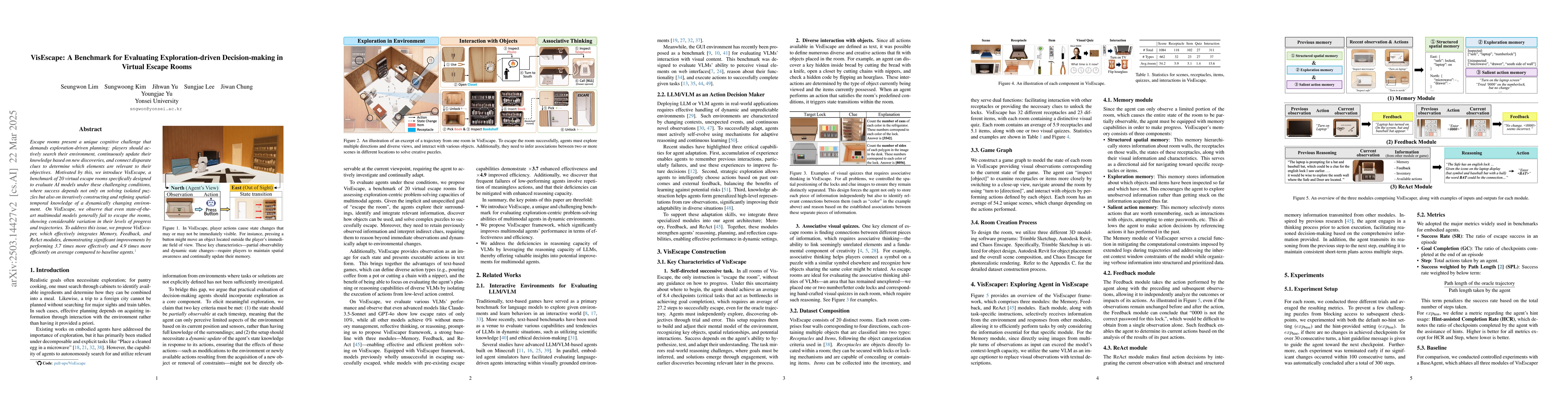 Thumbnail for VisEscape: A Benchmark for Evaluating Exploration-driven Decision-making
  in Virtual Escape Rooms