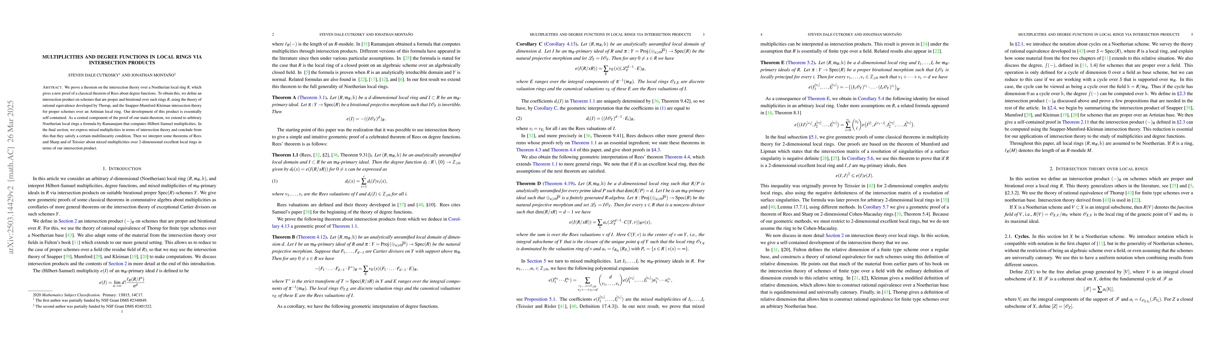 Thumbnail for Multiplicities and degree functions in local rings via intersection
  products