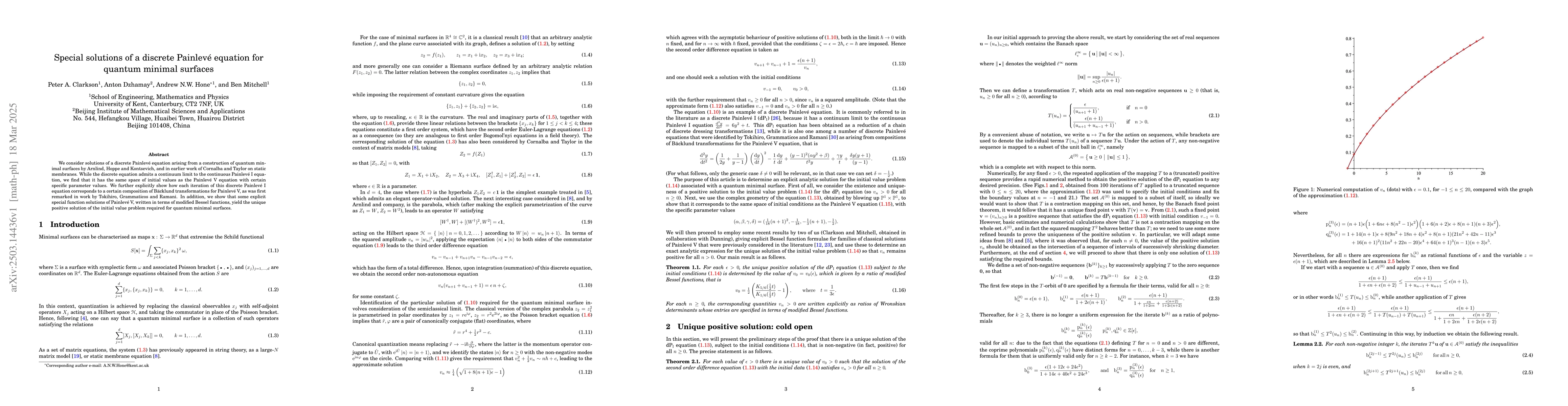Thumbnail for Special solutions of a discrete Painlevé equation for quantum minimal
  surfaces