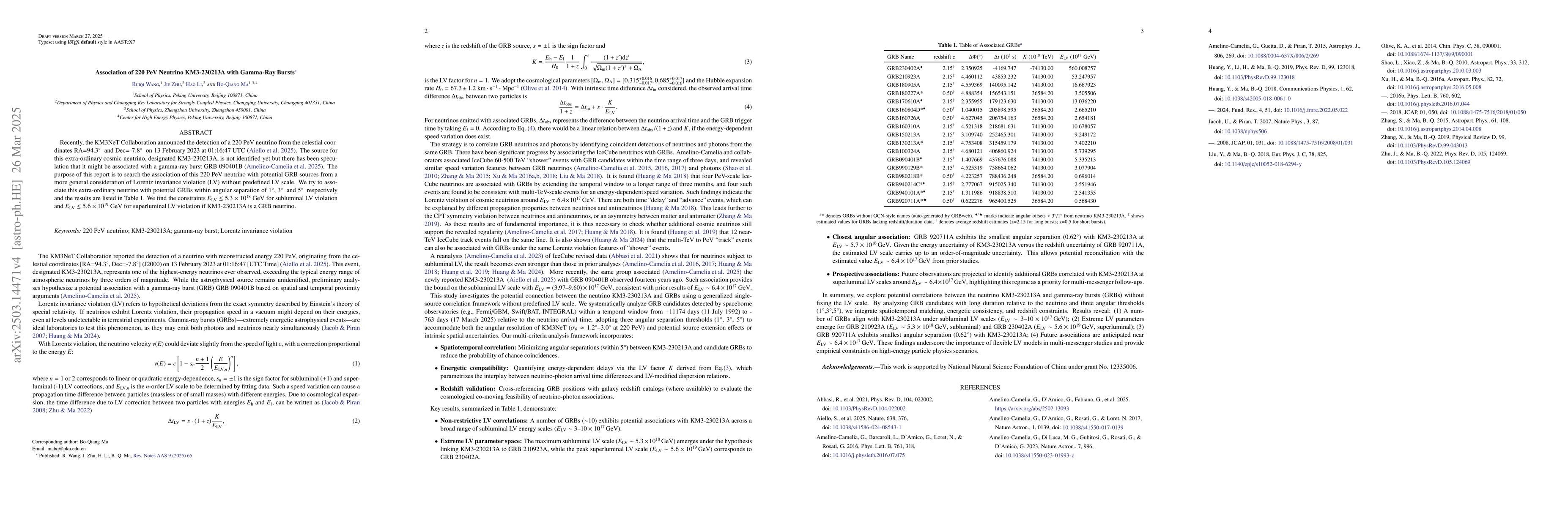Thumbnail for Association of 220 PeV Neutrino KM3-230213A with Gamma-Ray Bursts