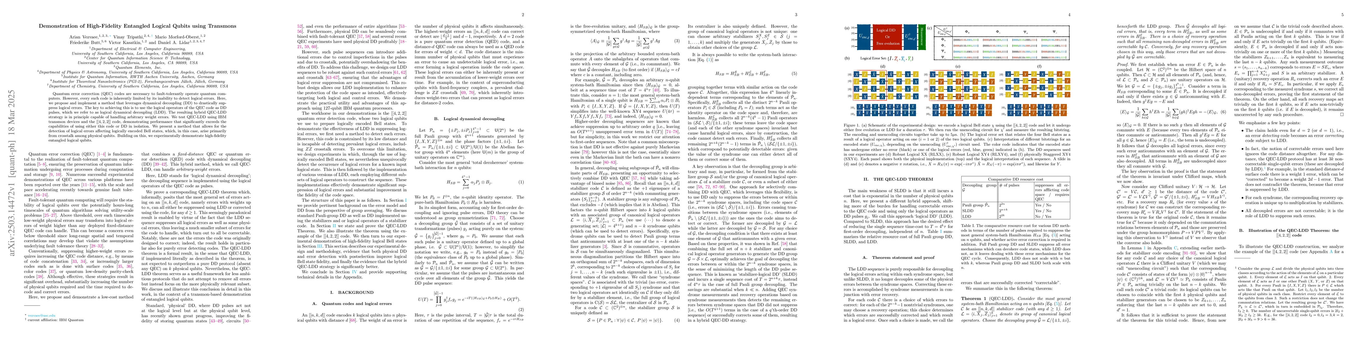 Thumbnail for Demonstration of High-Fidelity Entangled Logical Qubits using Transmons