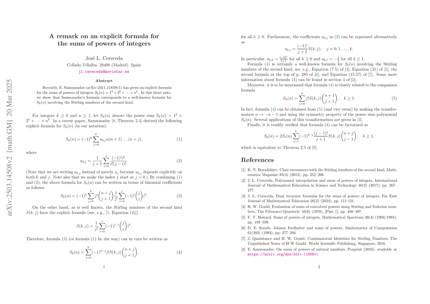 Thumbnail for A remark on an explicit formula for the sums of powers of integers