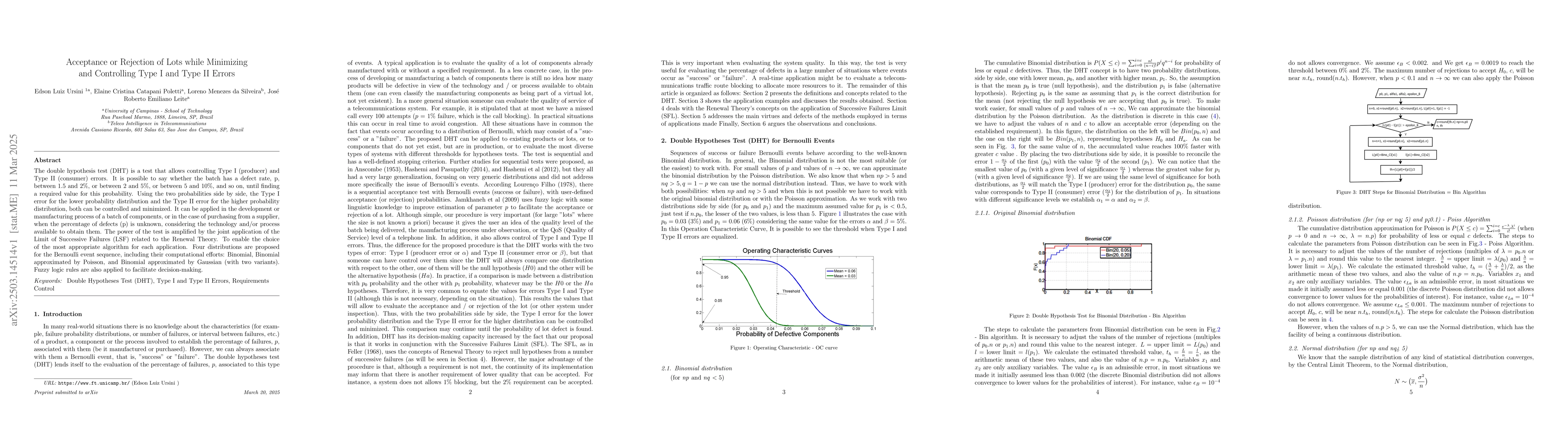Thumbnail for Acceptance or Rejection of Lots while Minimizing and Controlling Type I
  and Type II Errors