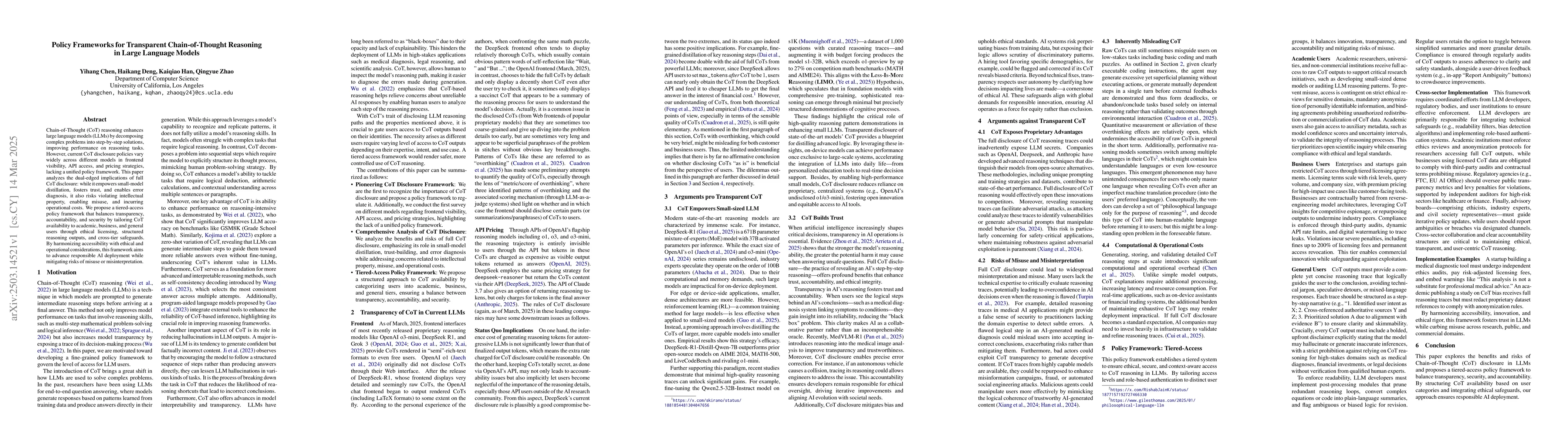 Thumbnail for Policy Frameworks for Transparent Chain-of-Thought Reasoning in Large
  Language Models