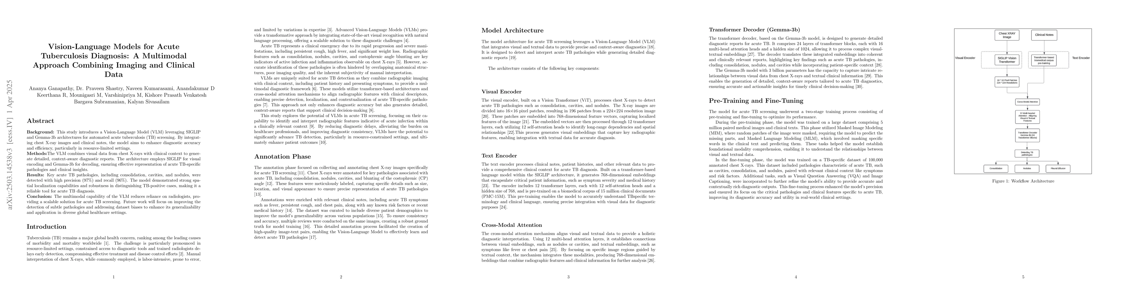 Thumbnail for Vision-Language Models for Acute Tuberculosis Diagnosis: A Multimodal
  Approach Combining Imaging and Clinical Data