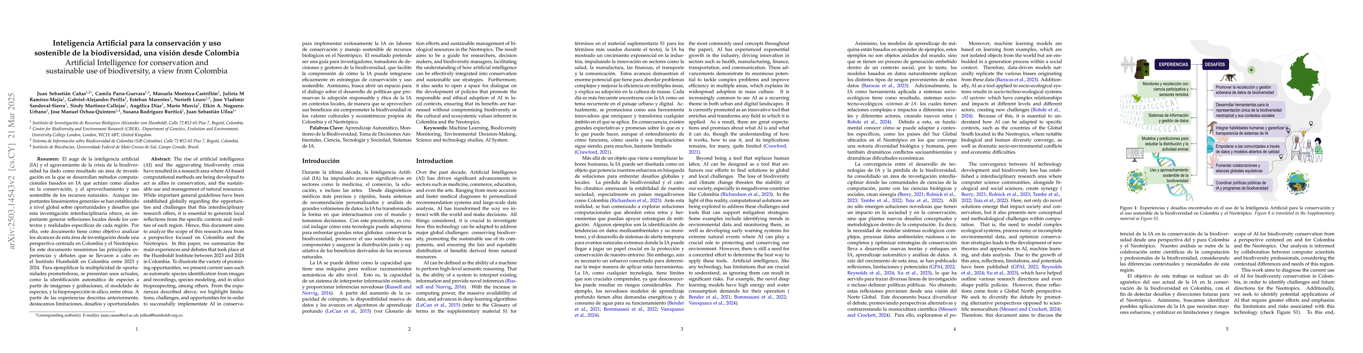 Thumbnail for Inteligencia Artificial para la conservación y uso sostenible de la
  biodiversidad, una visión desde Colombia (Artificial Intelligence for
  conservation and sustainable use of biodiversity, a view from Colombia)