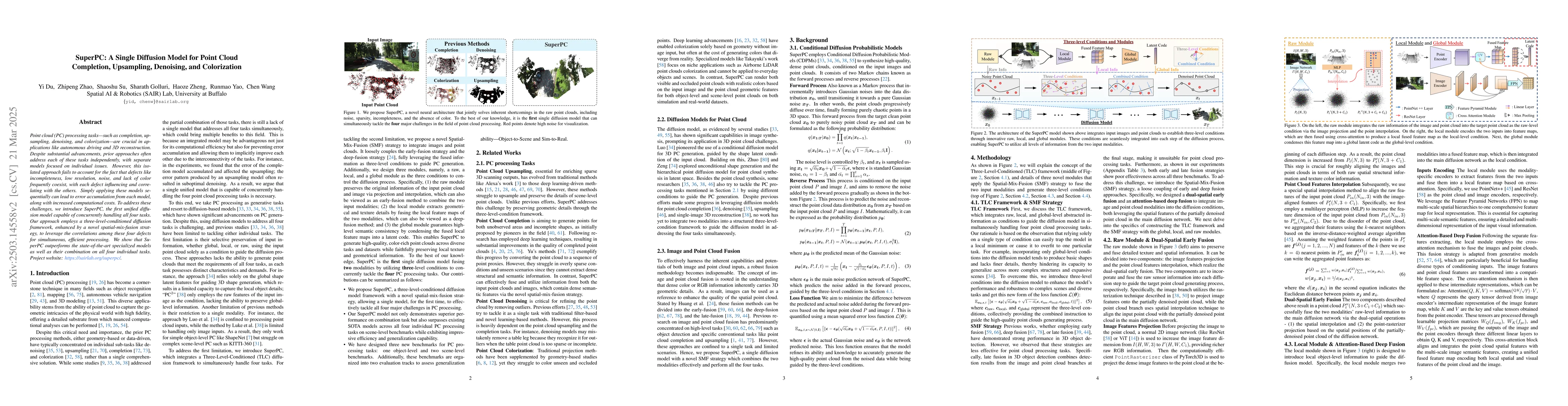 Thumbnail for SuperPC: A Single Diffusion Model for Point Cloud Completion,
  Upsampling, Denoising, and Colorization