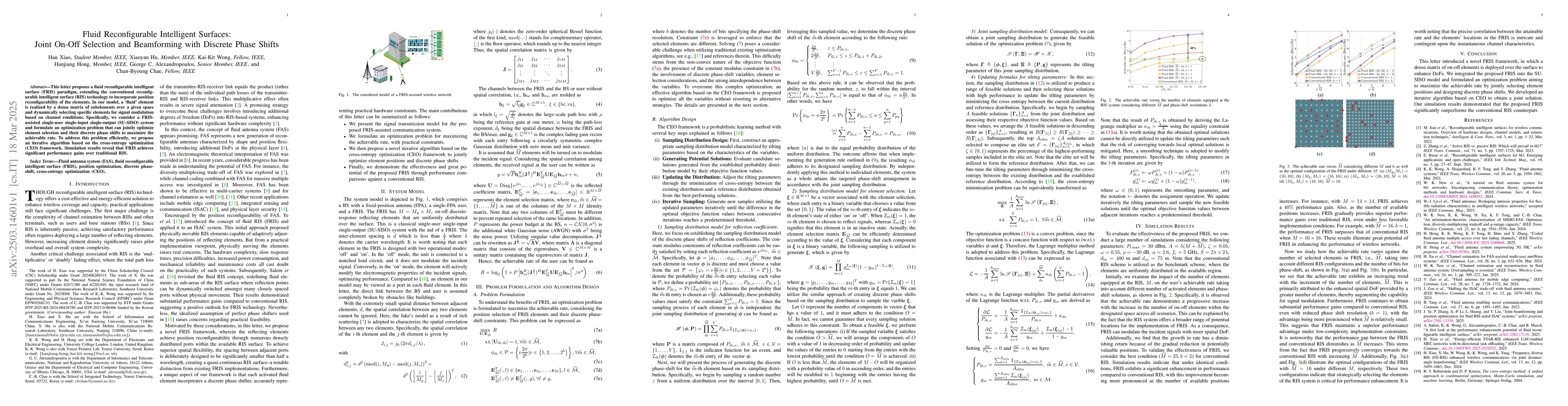 Thumbnail for Fluid Reconfigurable Intelligent Surfaces: Joint On-Off Selection and
  Beamforming with Discrete Phase Shifts