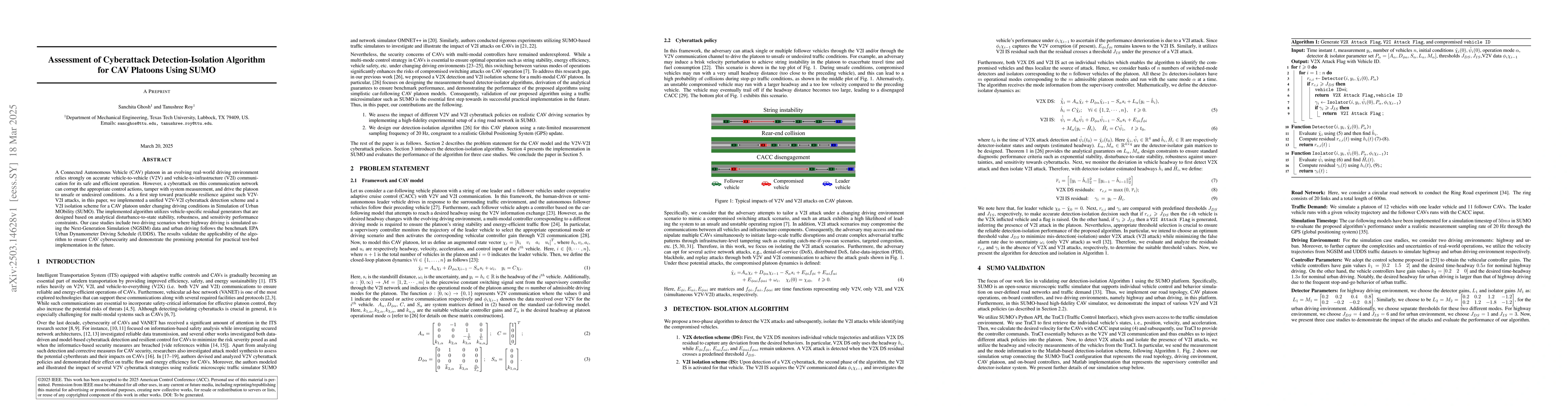 Thumbnail for Assessment of Cyberattack Detection-Isolation Algorithm for CAV Platoons
  Using SUMO