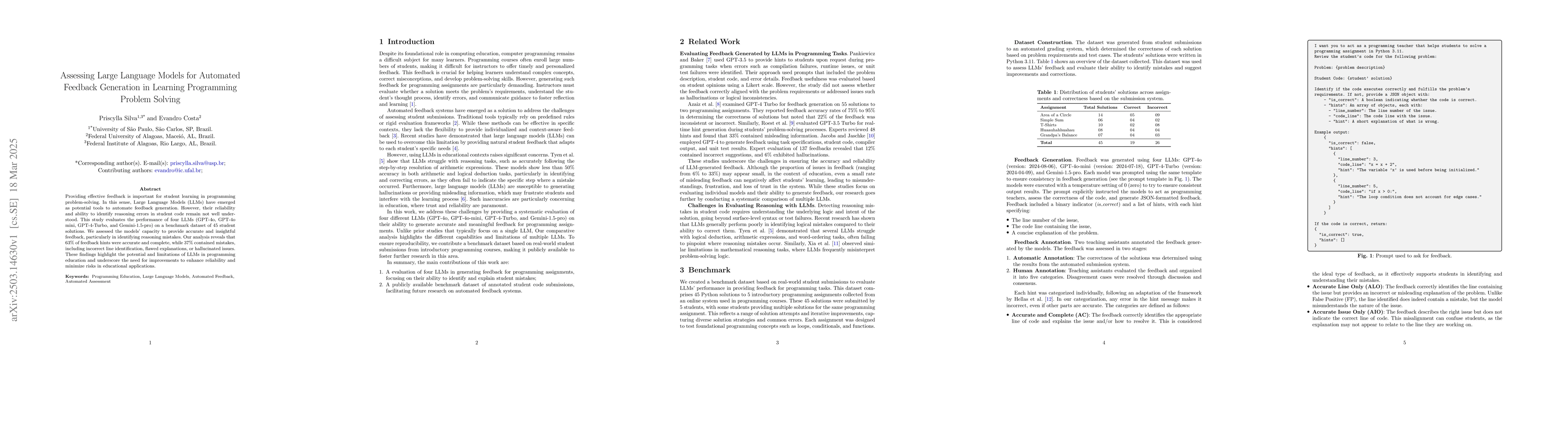 Thumbnail for Assessing Large Language Models for Automated Feedback Generation in
  Learning Programming Problem Solving
