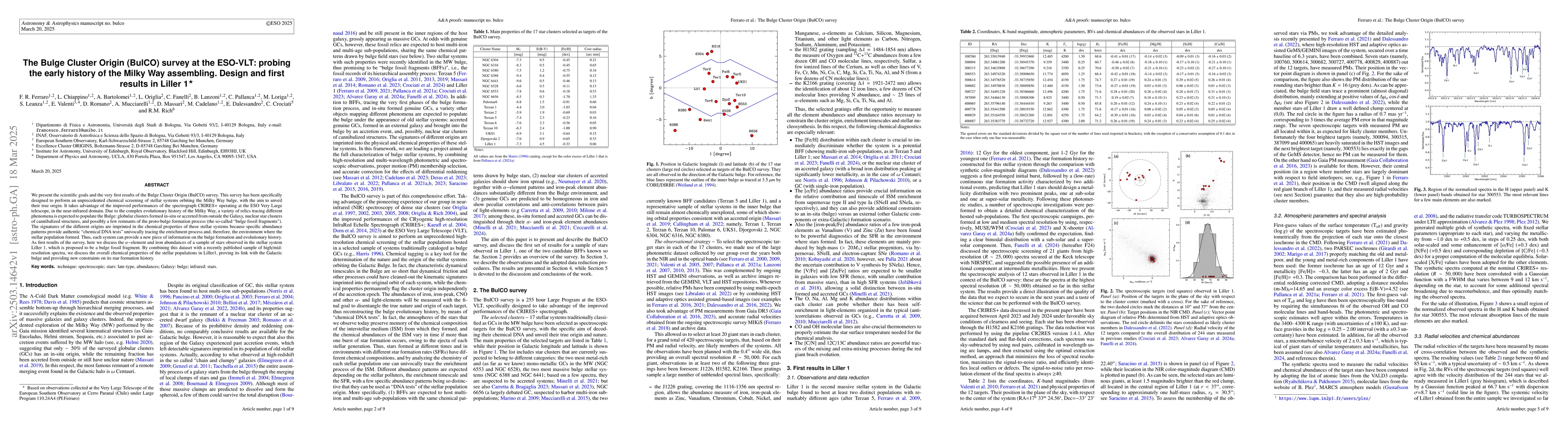Thumbnail for The Bulge Cluster Origin (BulCO) survey at the ESO-VLT: probing the
  early history of the Milky Way assembling. Design and first results in
  Liller1