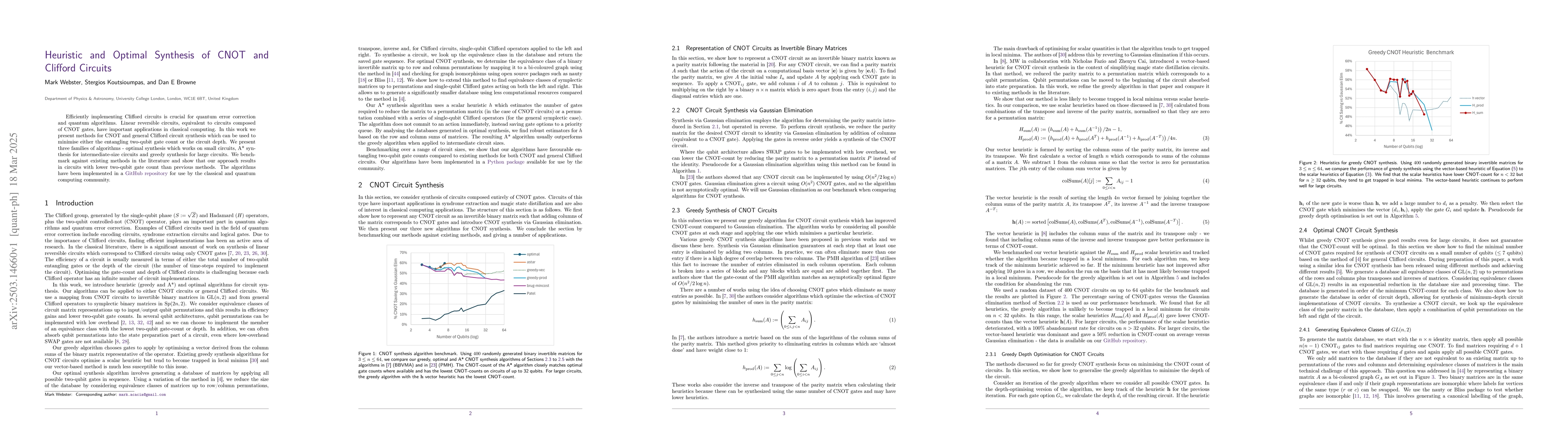 Thumbnail for Heuristic and Optimal Synthesis of CNOT and Clifford Circuits