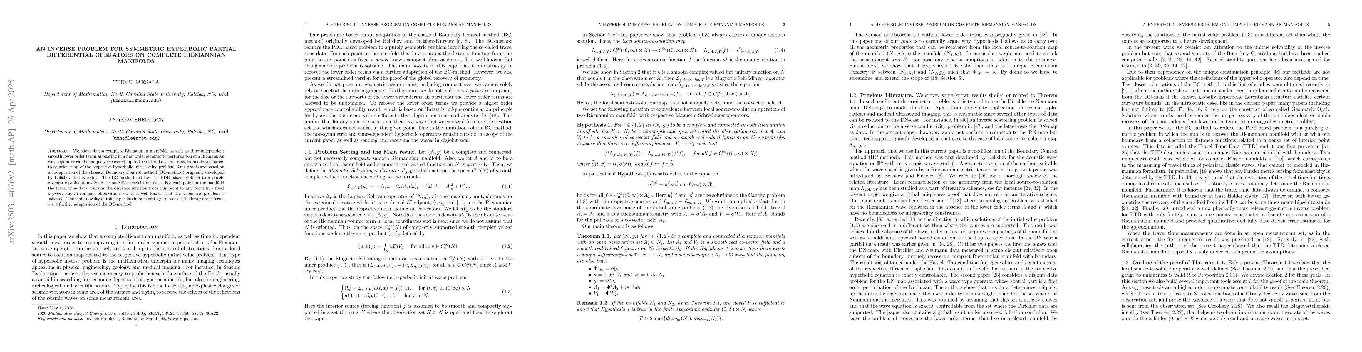 Thumbnail for An Inverse Problem for symmetric hyperbolic Partial Differential
  Operators on Complete Riemannian Manifolds