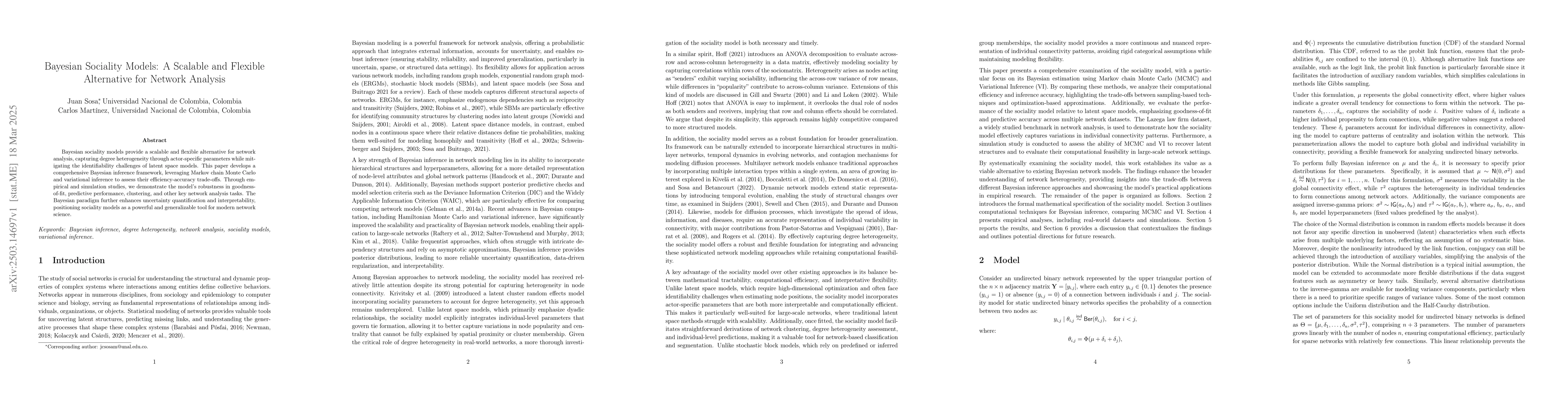 Thumbnail for Bayesian Sociality Models: A Scalable and Flexible Alternative for
  Network Analysis